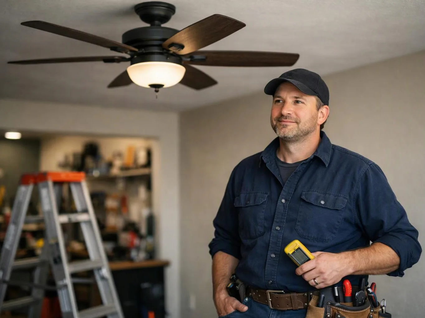 A man in a cap stands in a room with a ceiling fan, holding a yellow meter and wearing a tool belt