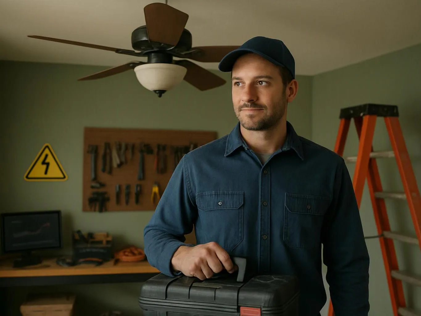 A man in a cap stands in a workshop holding a black toolbox near a ladder and ceiling fan
