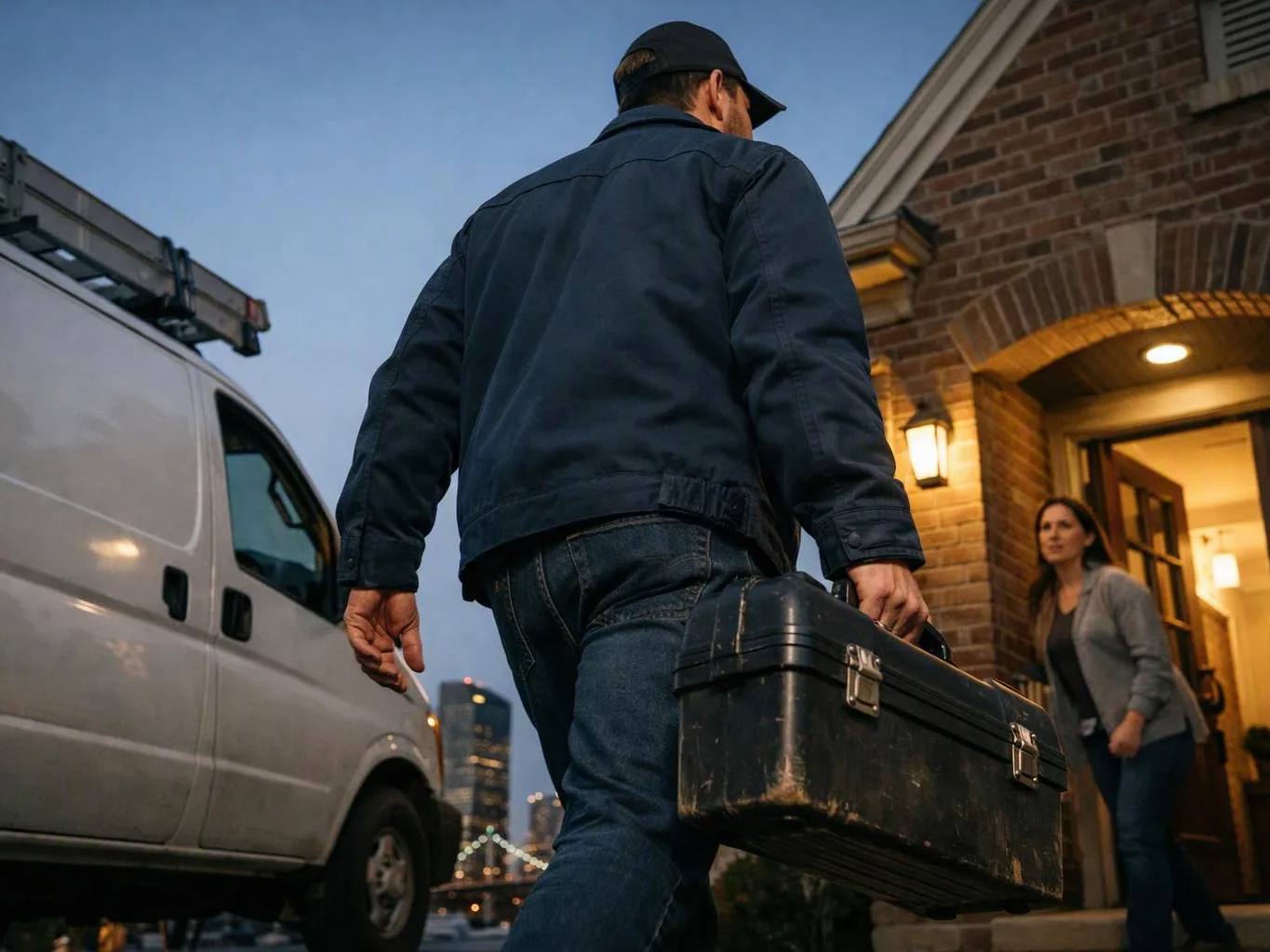 A man carries a black toolbox toward a brick house while a woman stands in the open doorway at dusk