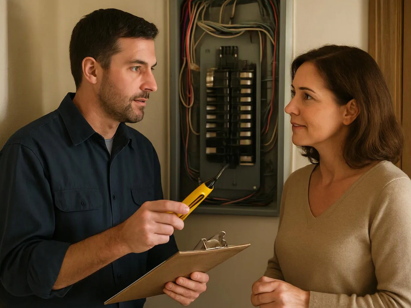 A man with a clipboard inspects an open electrical panel while talking to a woman indoors