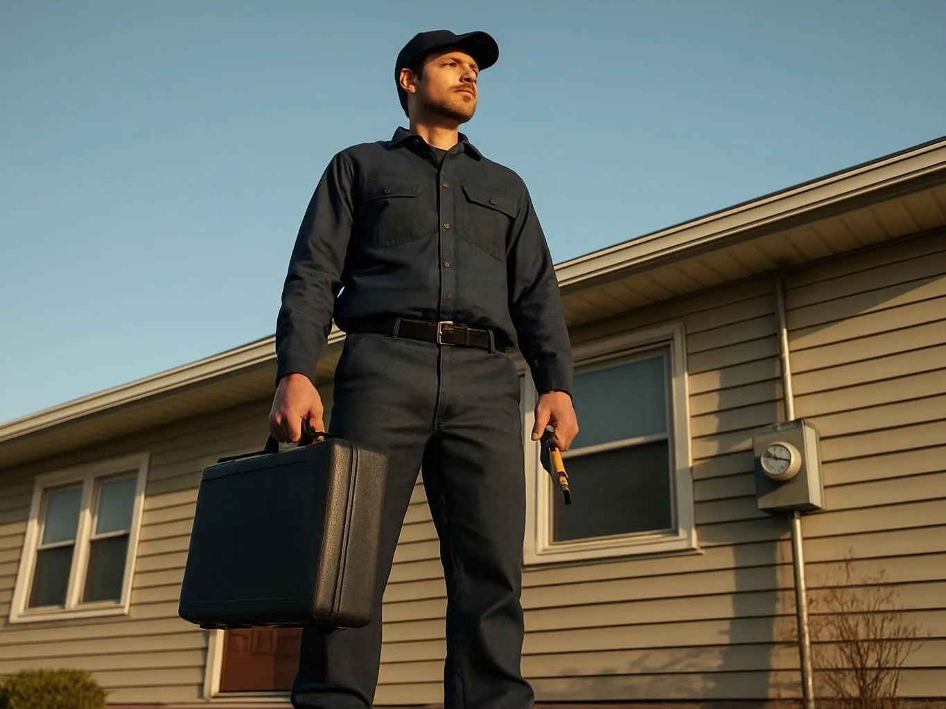 A man in dark work clothes stands outside a house, holding a briefcase and a tool under a clear sky