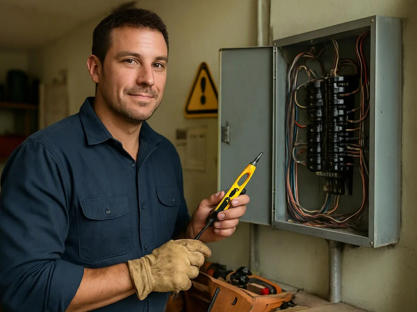 A man in gloves holds a yellow tester beside an open electrical panel with wires and breakers