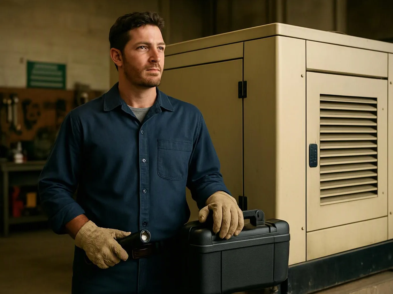 A man in gloves stands beside a beige generator, holding a black tool case in a workshop