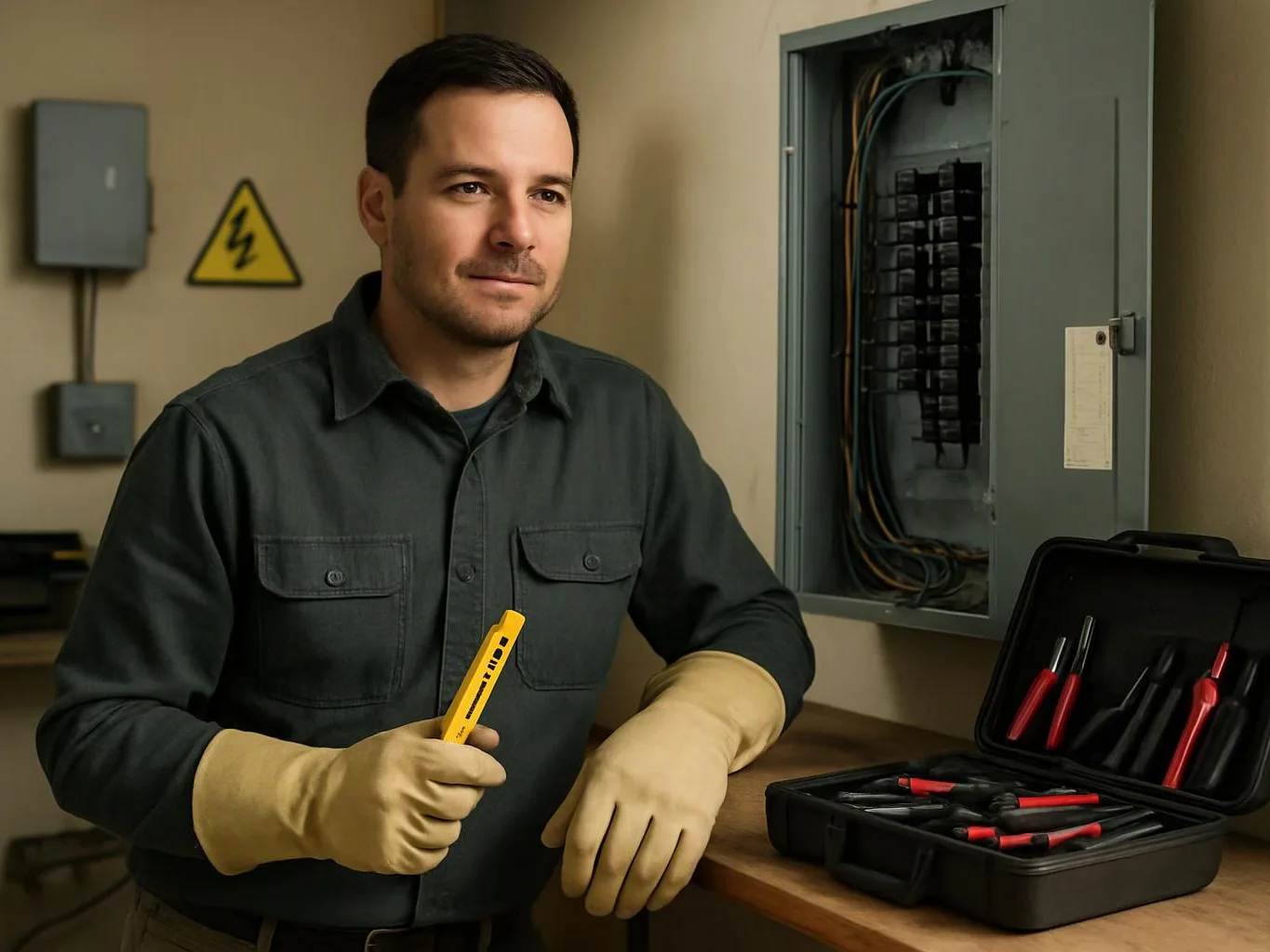 A man in gloves stands by an open electrical panel, holding a yellow tester beside a tool case on a workbench