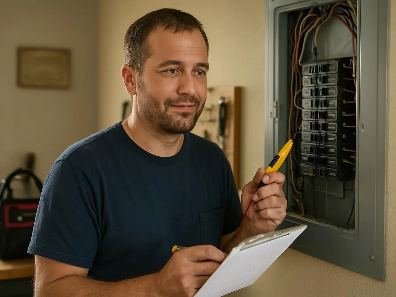 A man holds a pen and clipboard while checking an open electrical breaker panel indoors