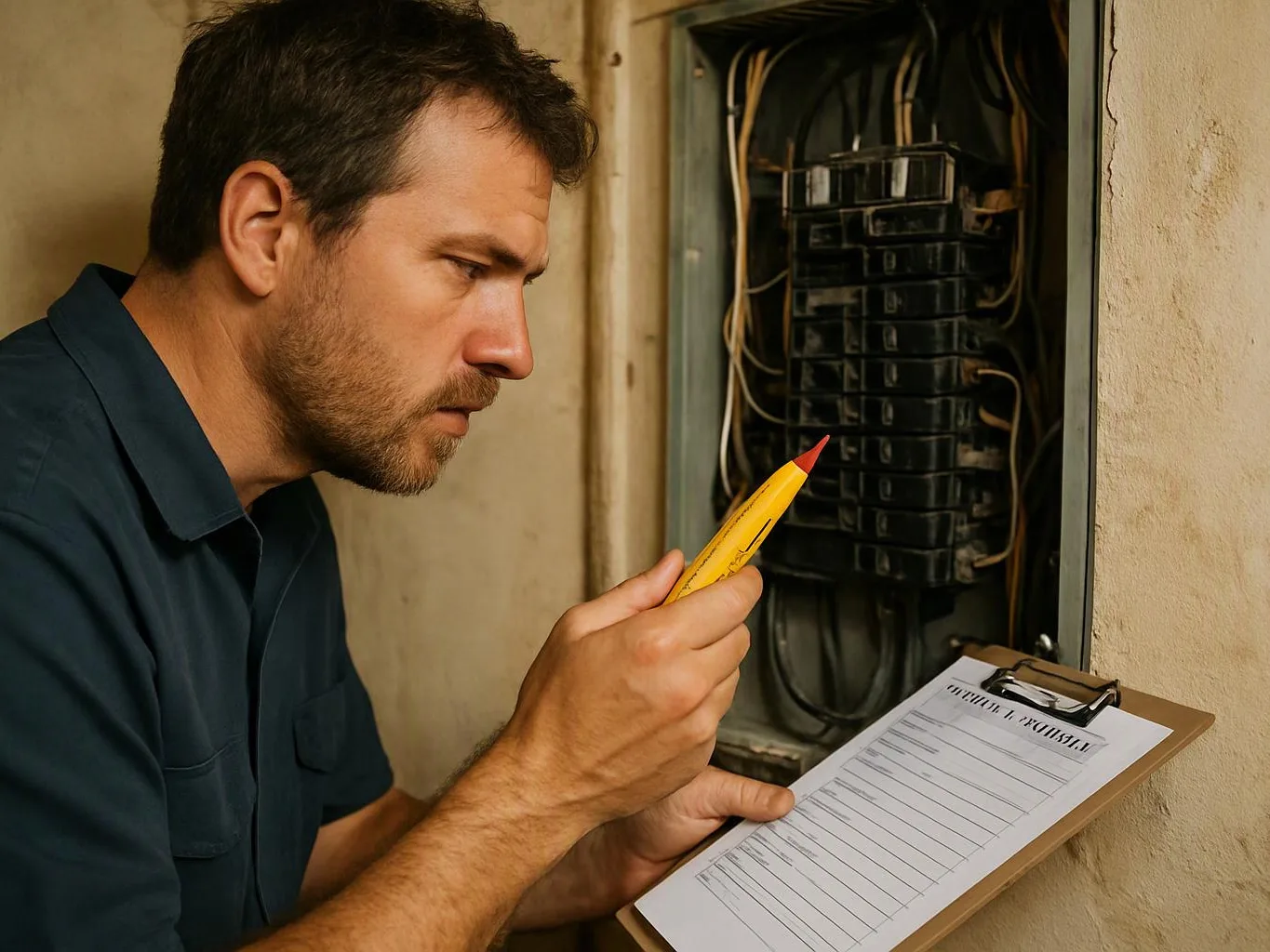 A man inspects an open electrical panel while holding a yellow pencil and a clipboard indoors