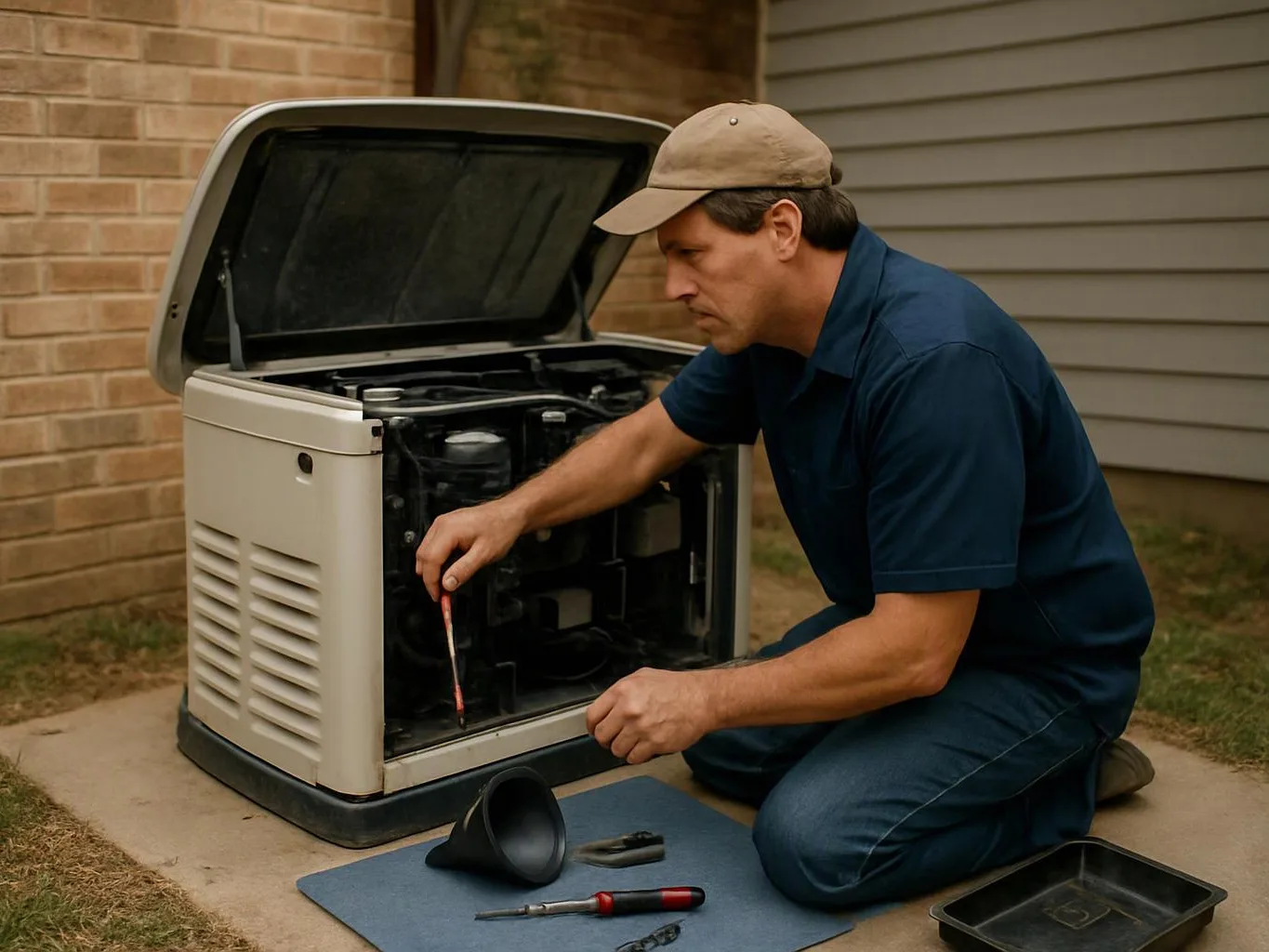 A man kneels beside an open outdoor generator, checking its parts with tools on a mat