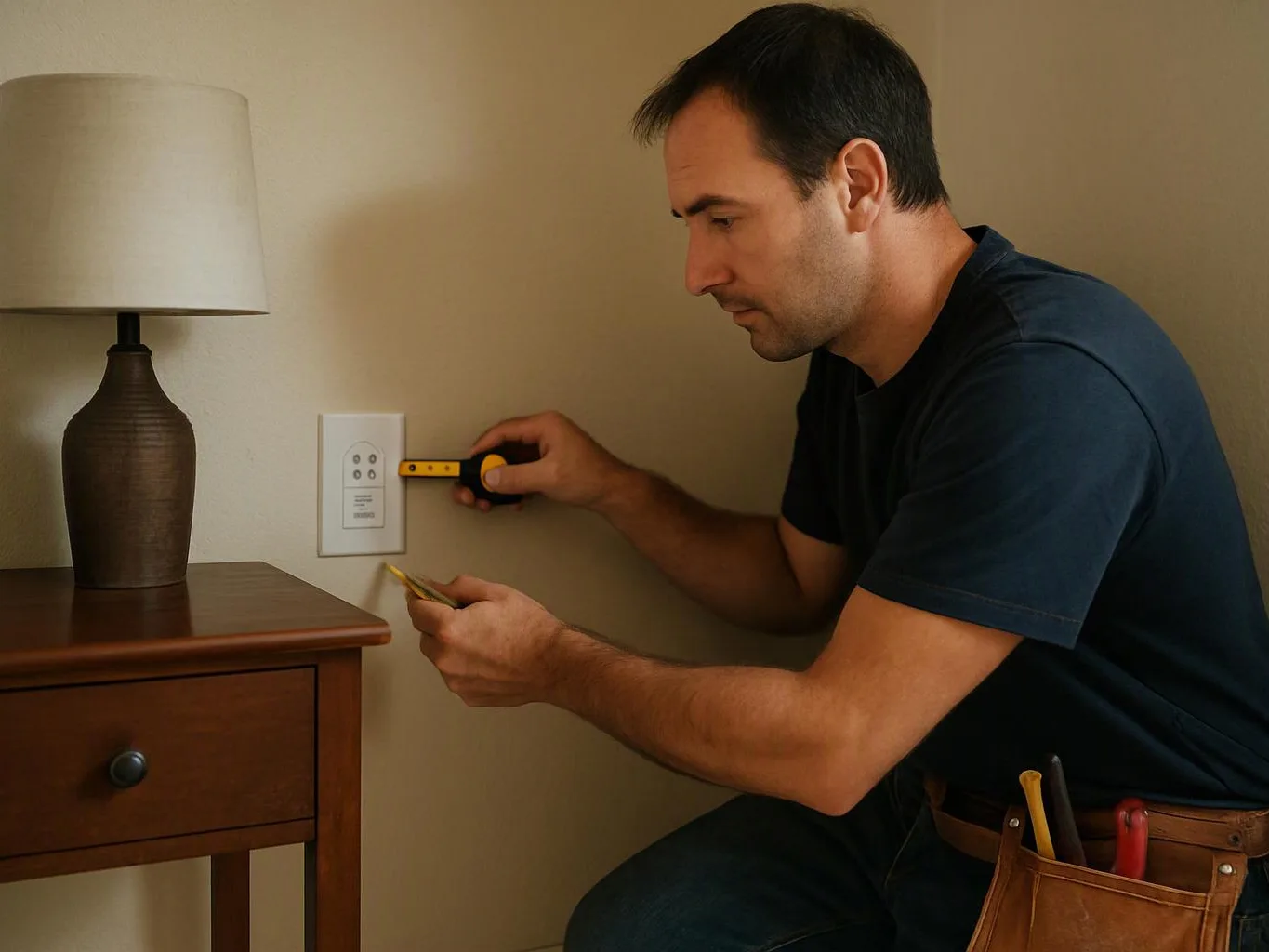 A man kneels beside a wall outlet, measuring it with a tape while holding a small tool in a room with a lamp and table
