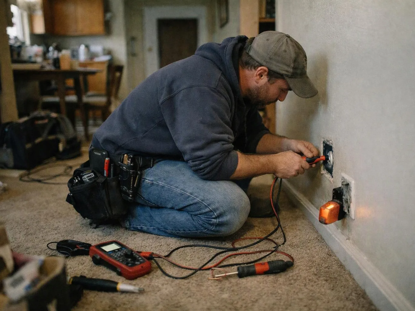 A man kneels on carpet, testing a wall outlet with a multimeter in a home interior