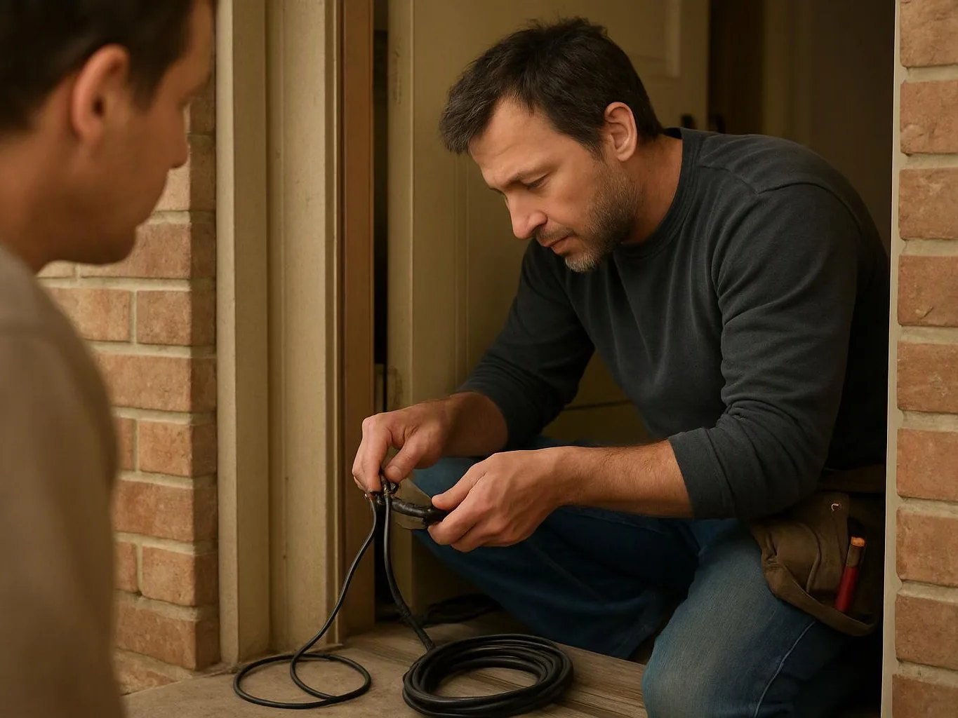 A man kneels in a doorway, working with a cable while another person stands blurred in the foreground