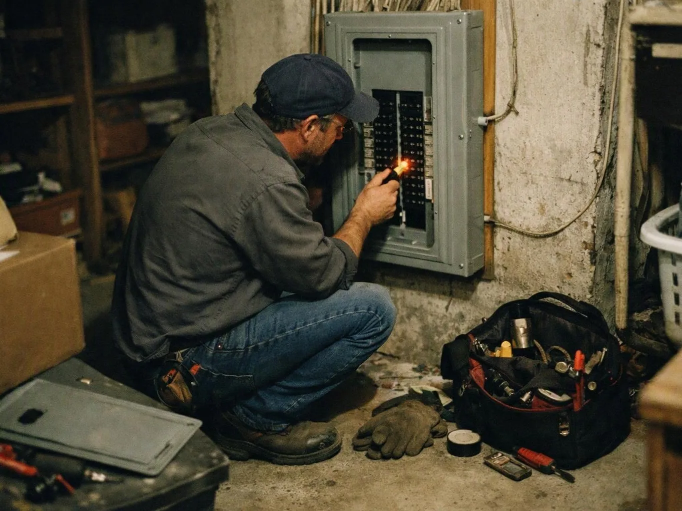 A man kneels by an electrical breaker panel, inspecting it with a flashlight in a cluttered basement