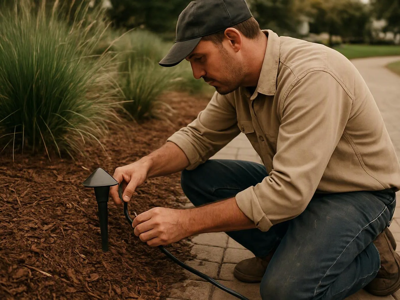 A man kneels by a garden path, connecting a black cable to a small landscape light in mulch