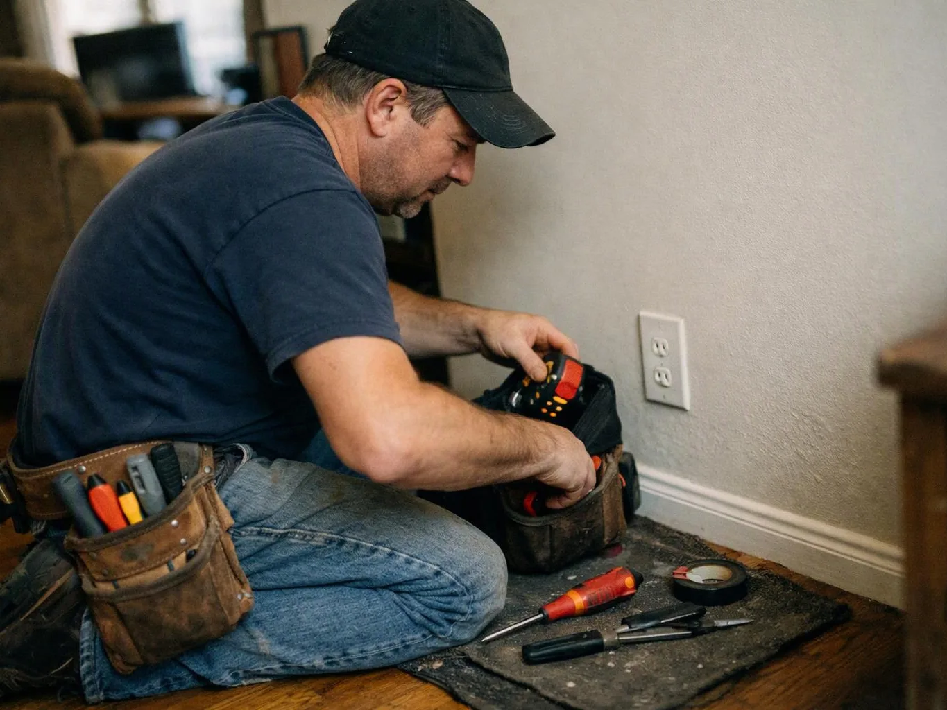 A man kneels by a wall outlet, sorting tools from a worn pouch on the floor