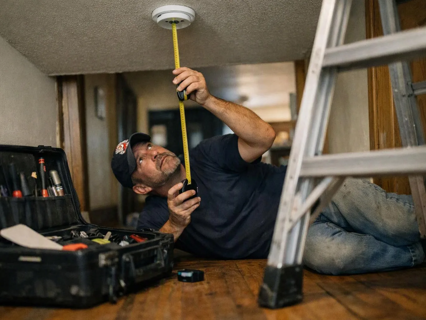 A man lies on a floor measuring the ceiling while tools and a ladder sit nearby