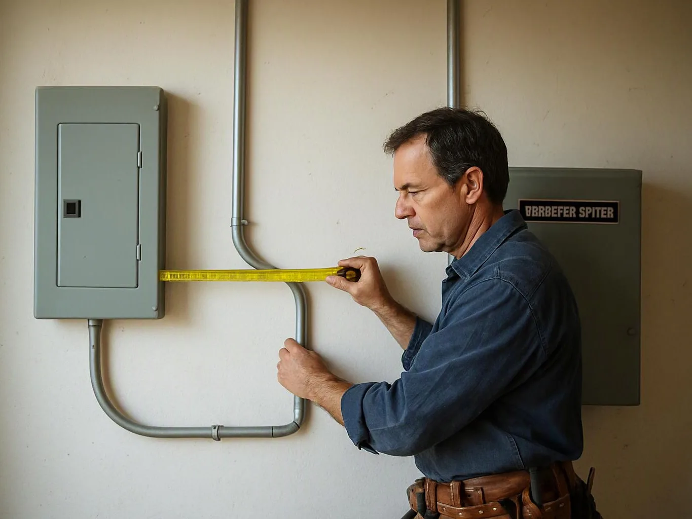 A man measures metal conduit beside gray electrical panels on an indoor wall