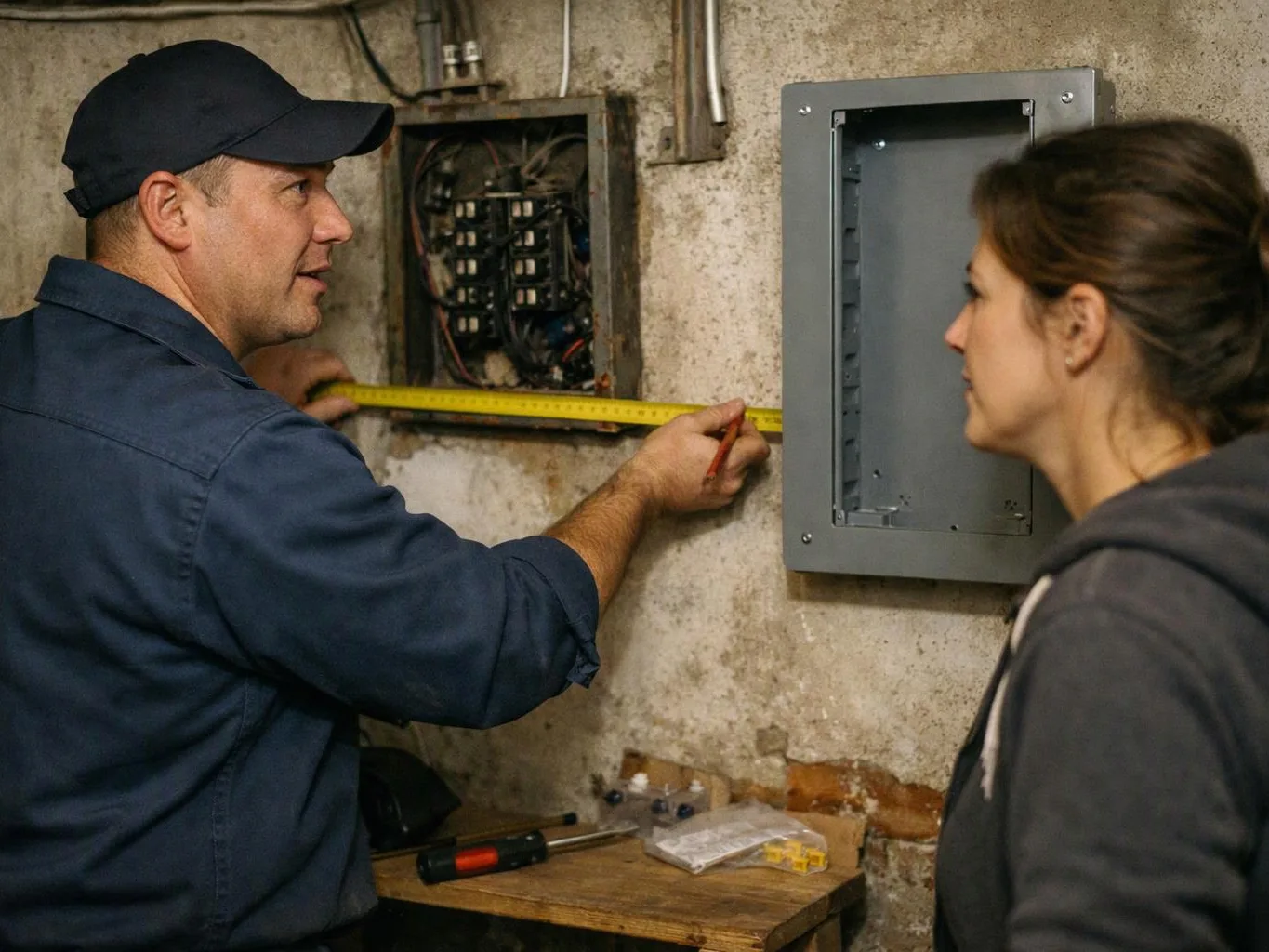 A man measures an open electrical panel on a basement wall while a woman watches nearby