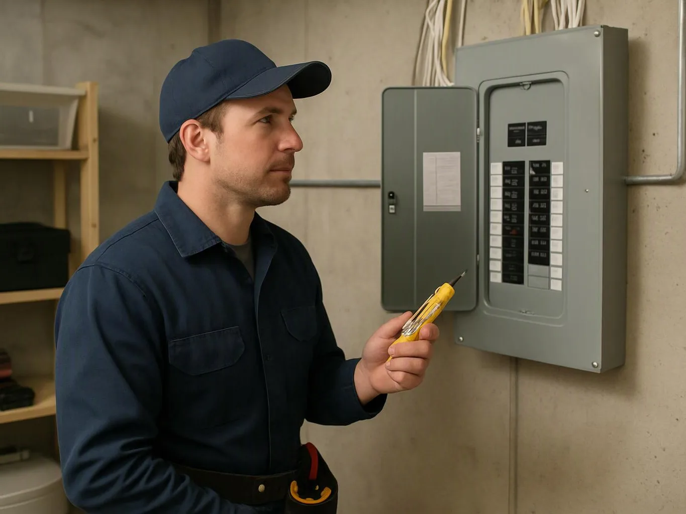 A man in a navy cap inspects an open electrical panel with a yellow tester in a utility room