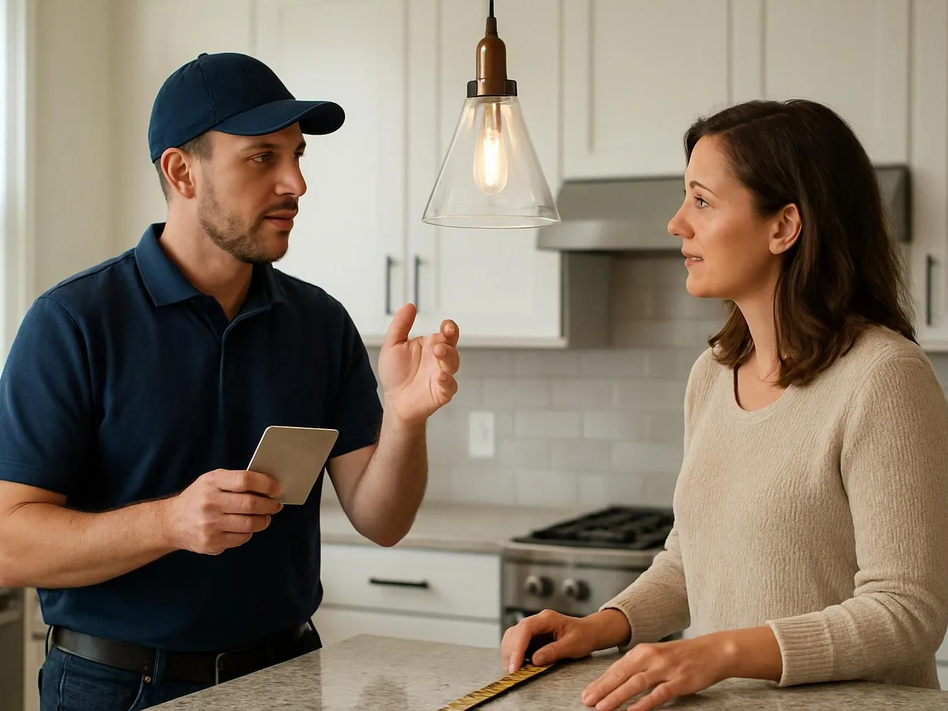 A man in a navy cap talks to a woman at a kitchen counter under a hanging light