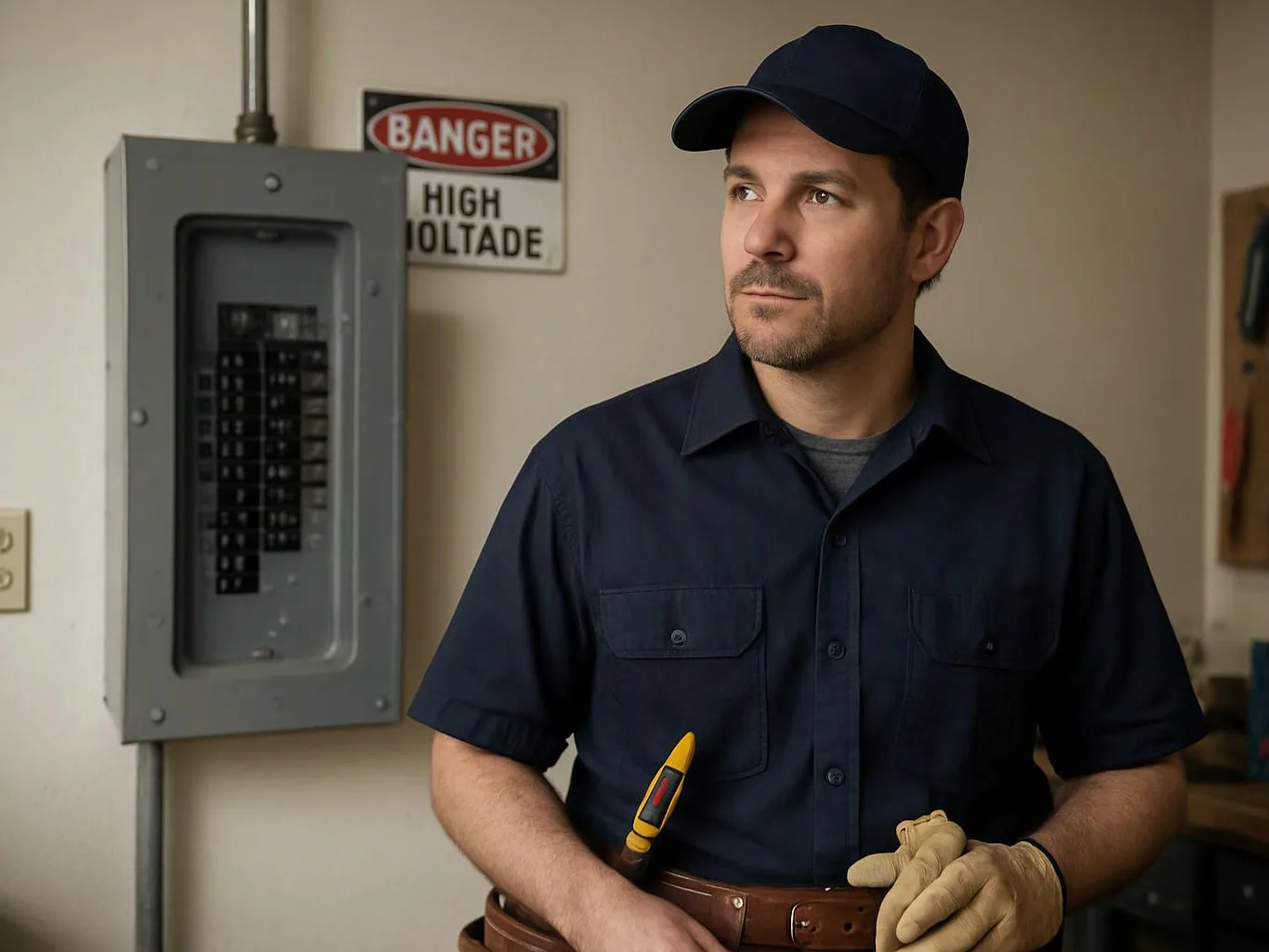 A man in a navy work uniform stands by an electrical panel, holding a tester in a workshop