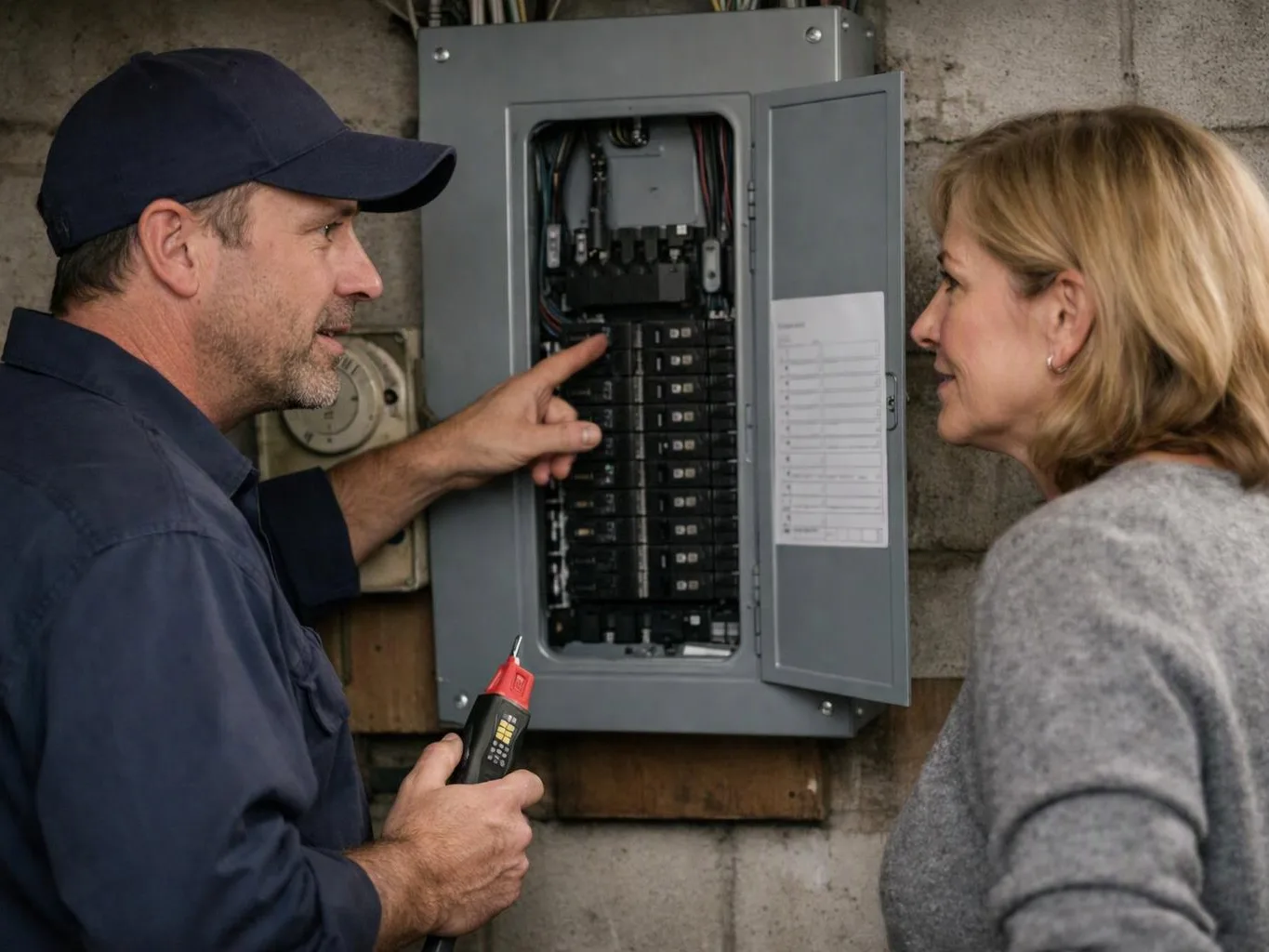 A man points inside an open electrical panel while speaking with a woman in a basement-like room