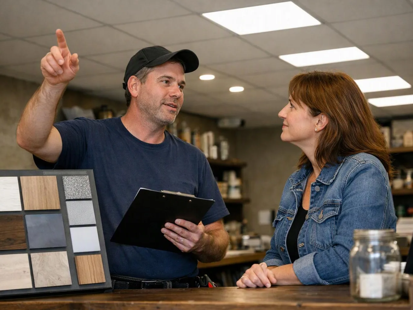 A man points upward while holding a clipboard, speaking with a woman across a counter in a showroom