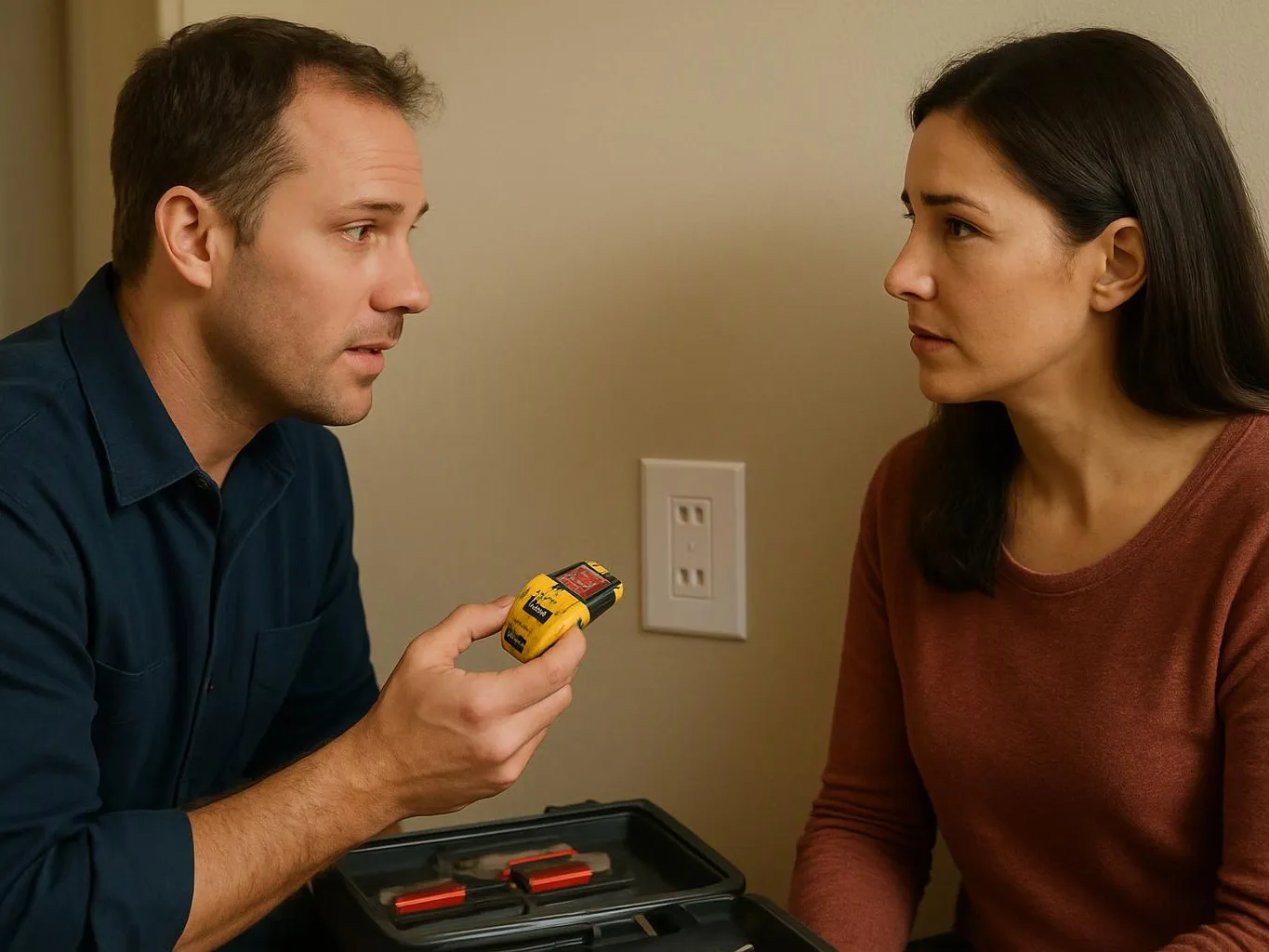 A man shows a small yellow measuring tool to a woman beside an open tool case indoors