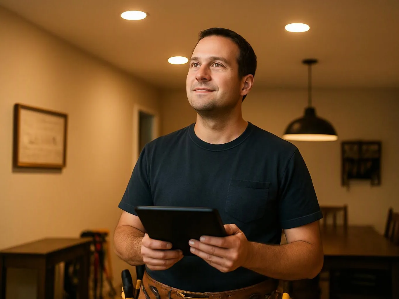 A man stands indoors holding a tablet, looking upward under warm ceiling lights