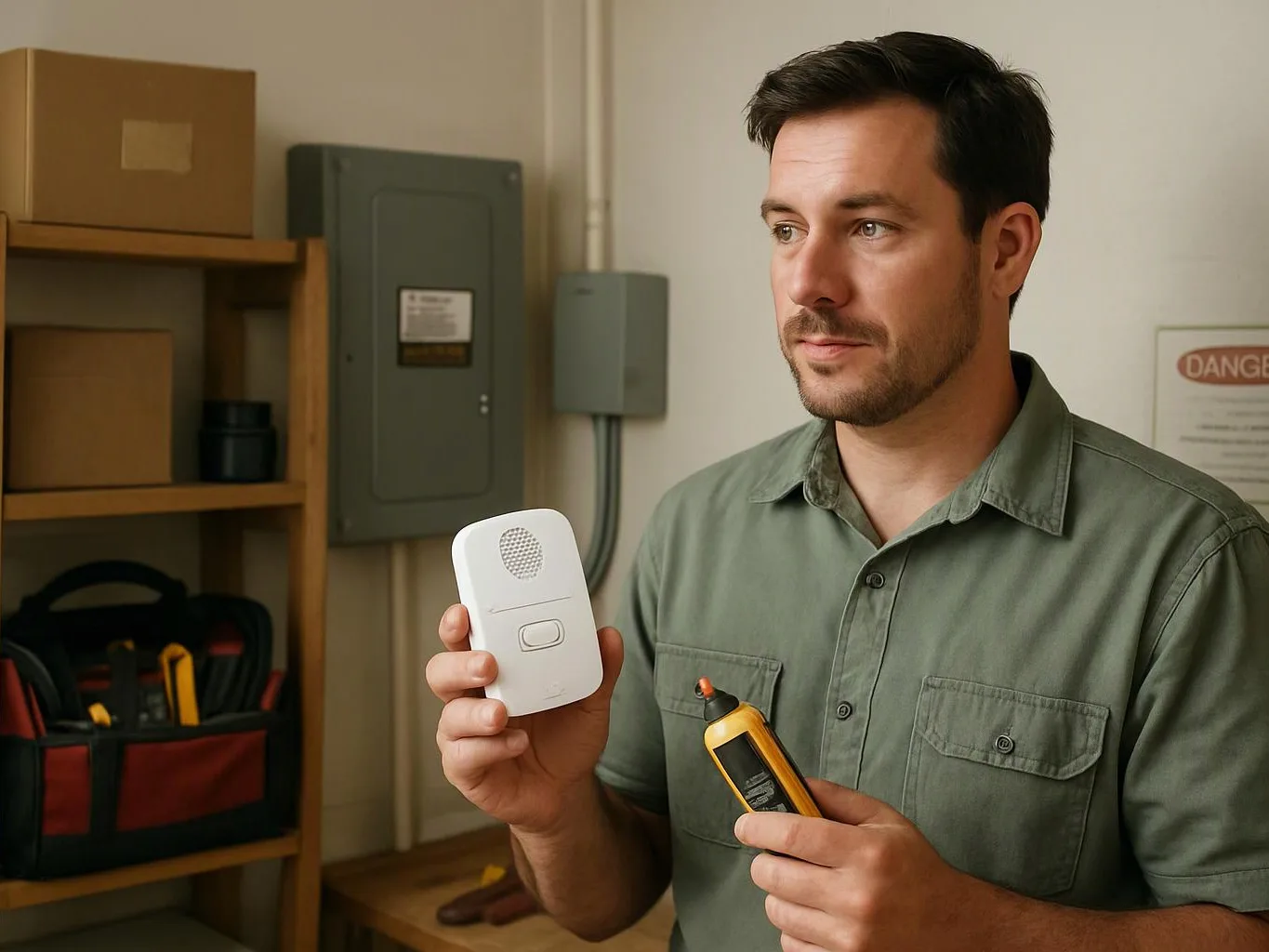 A man stands in a utility room holding a white device and a yellow tester near shelves and electrical boxes