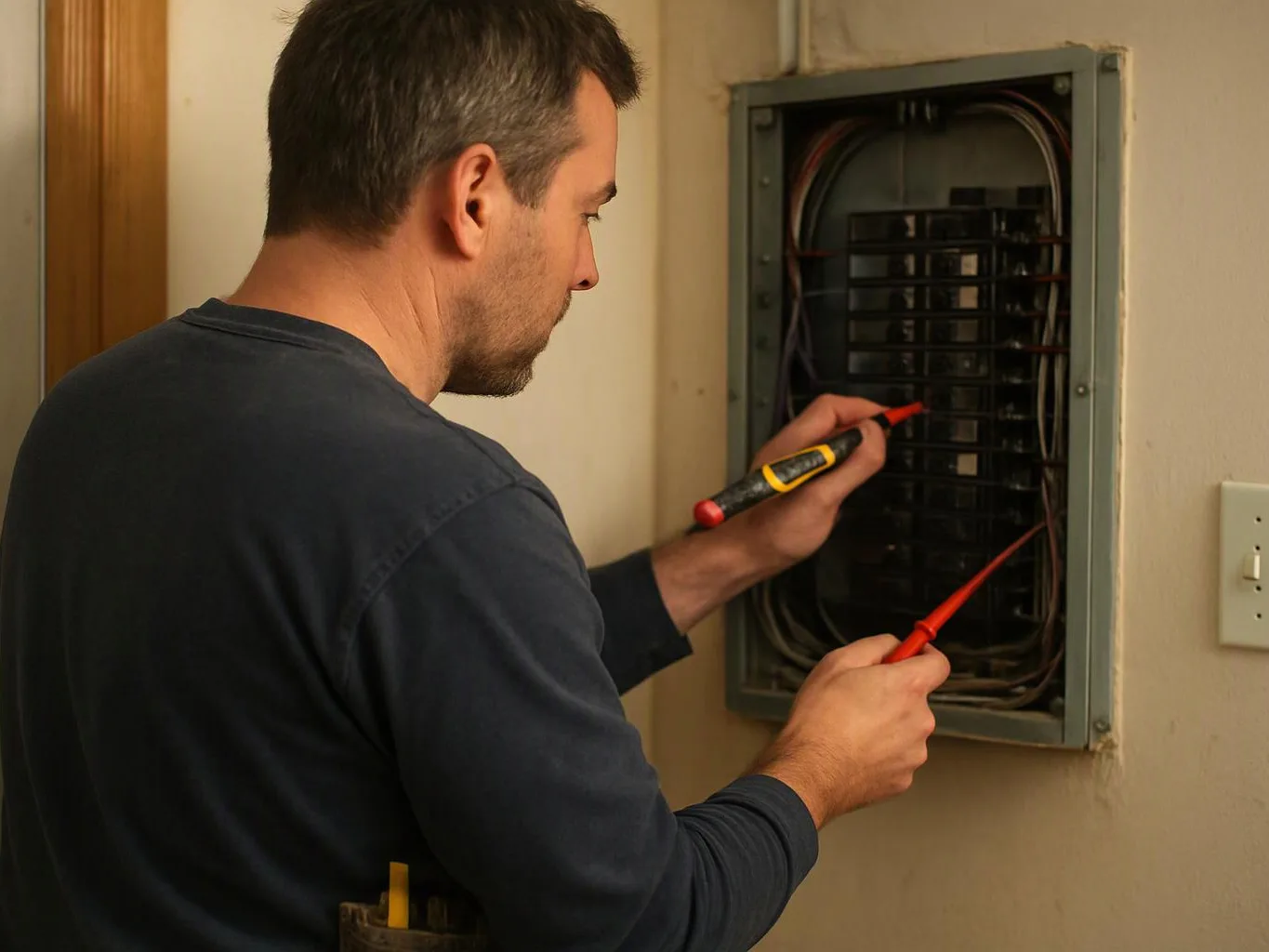 A man tests an open electrical panel with a multimeter inside a small indoor room