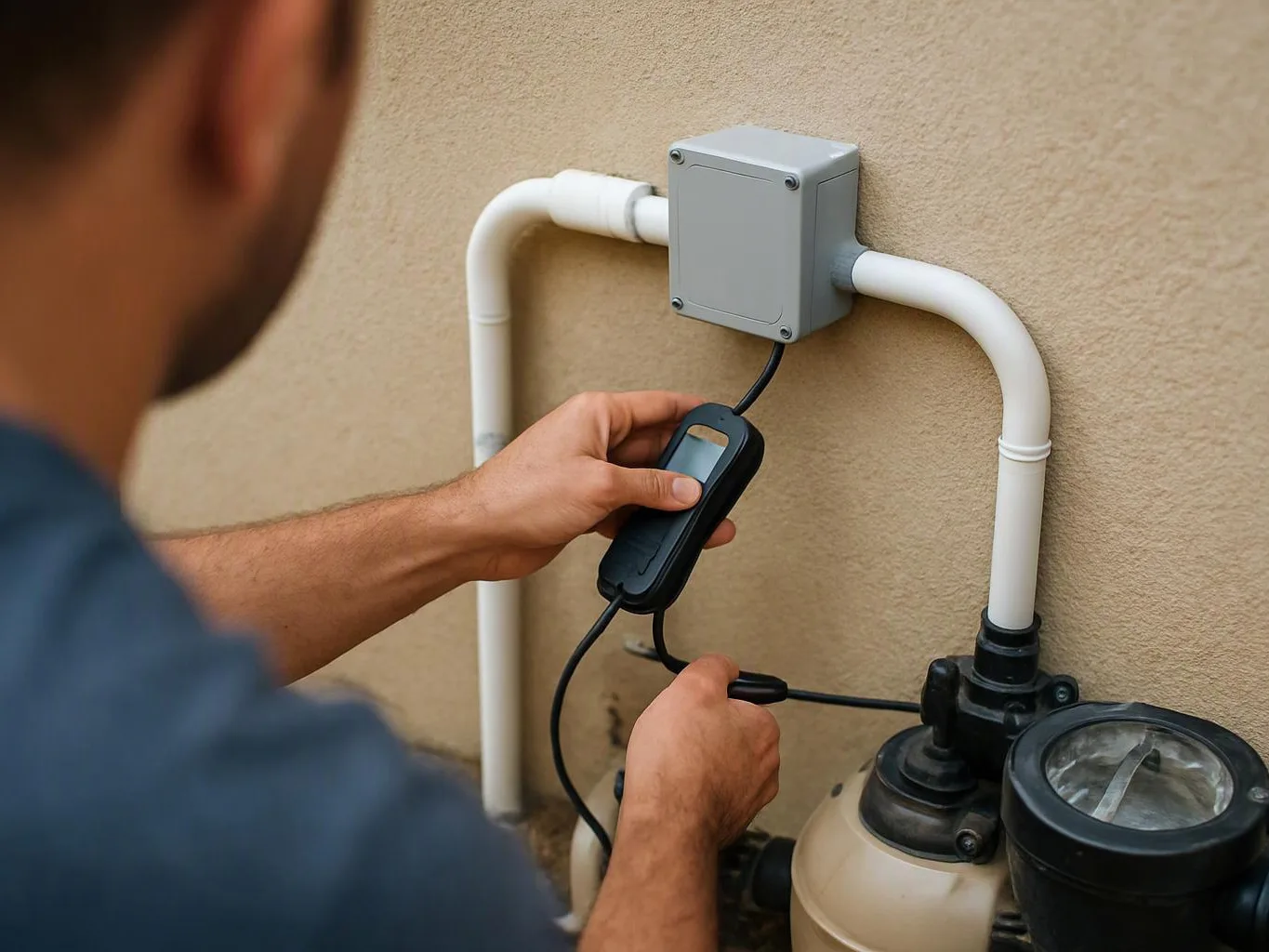 A man tests a wired device beside pool pipes and a pump against a beige wall