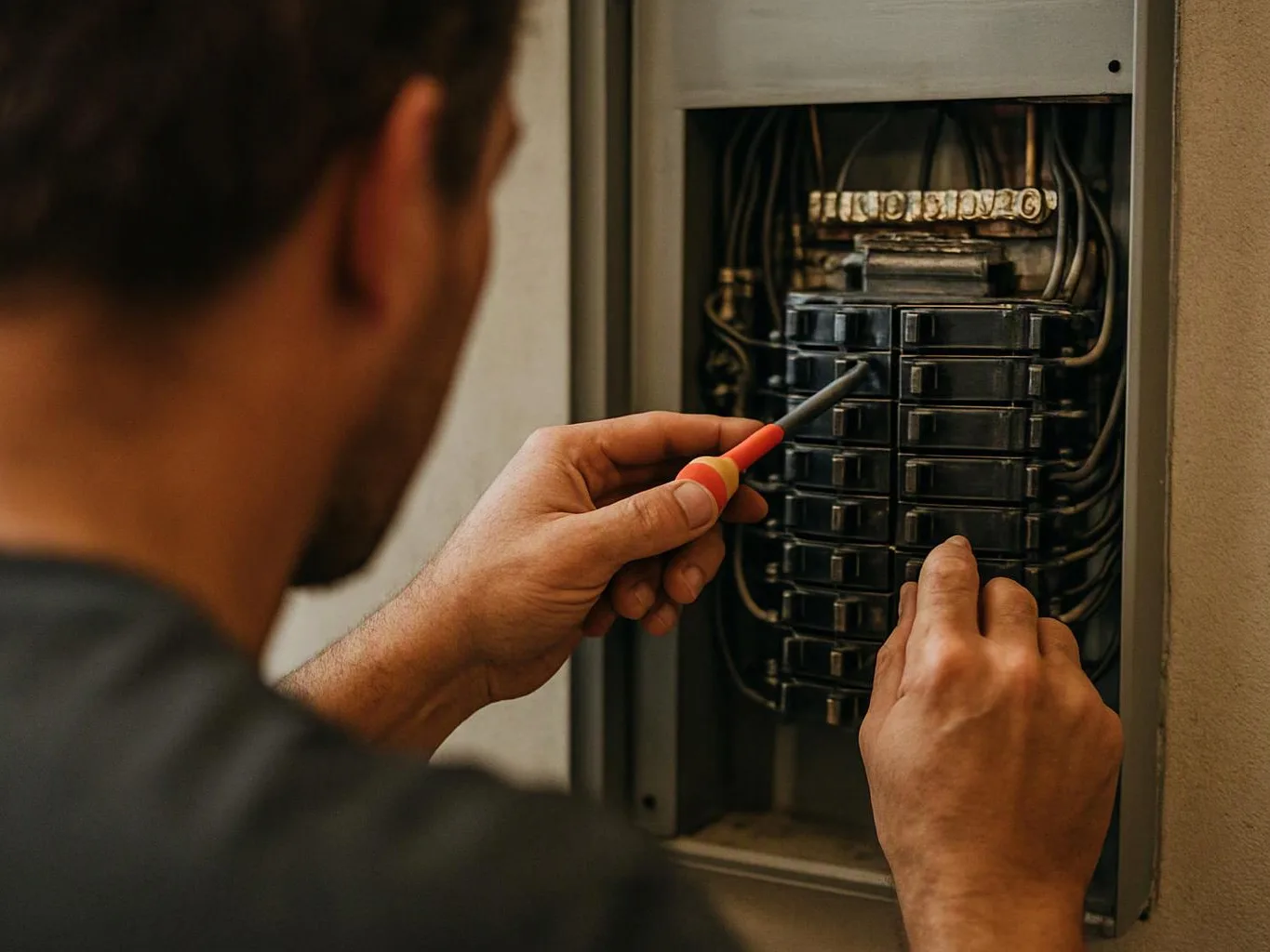 A man uses a screwdriver to work inside an open electrical breaker panel indoors