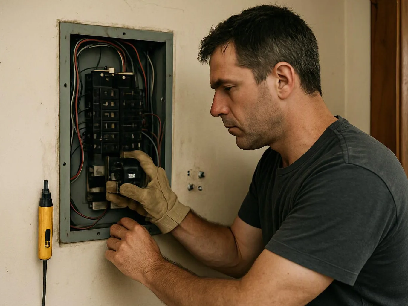 A man wearing a glove adjusts wiring inside an open electrical breaker panel on a wall
