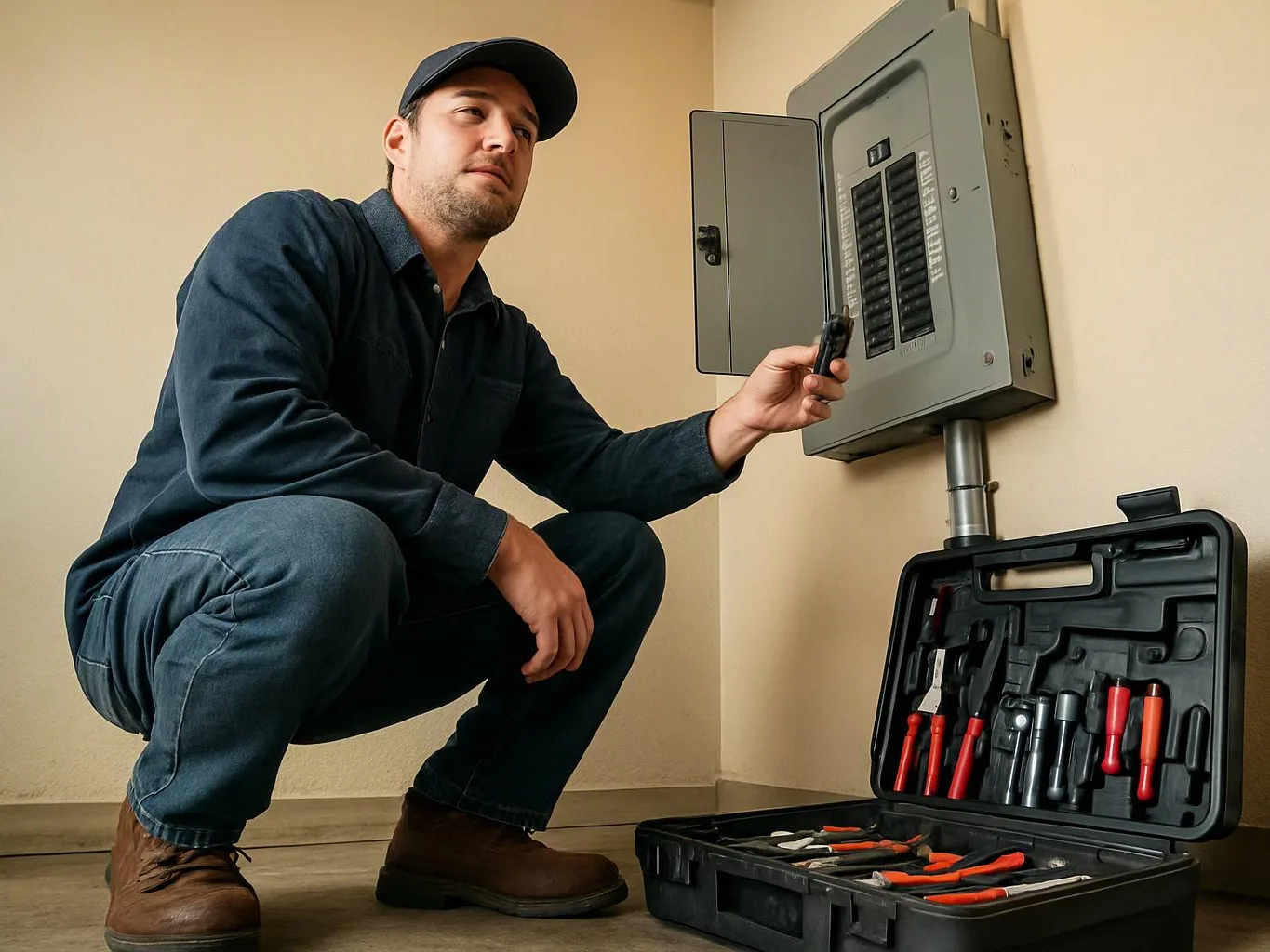 A man in work clothes kneels beside an open electrical panel, holding a tool over an open case of hand tools