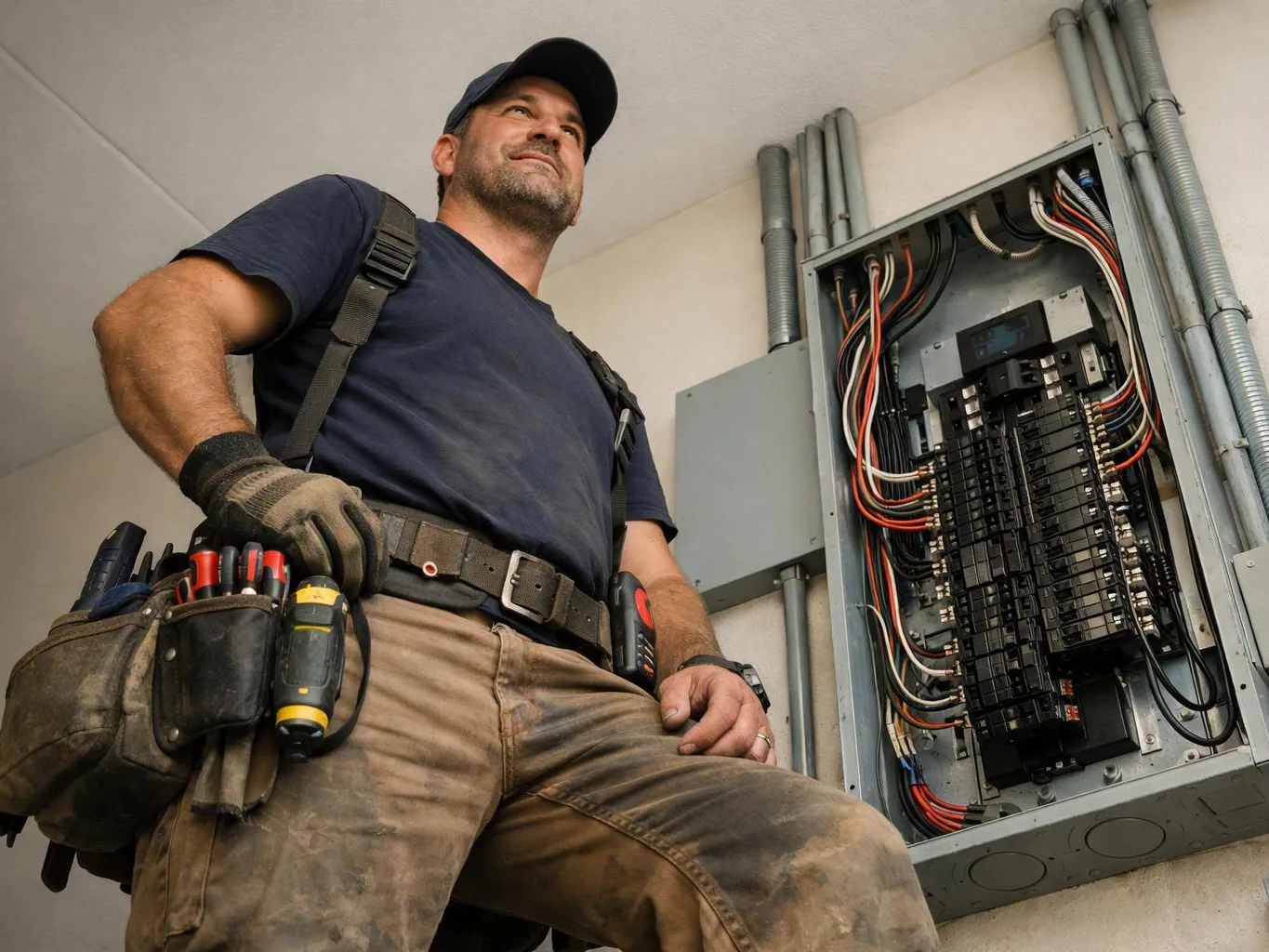 A man in work clothes stands beside an open electrical panel with exposed wiring and circuit breakers
