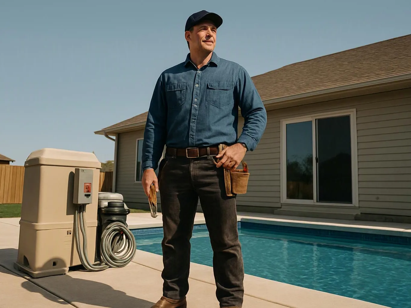 A man in work clothes stands beside a pool and beige equipment by a house