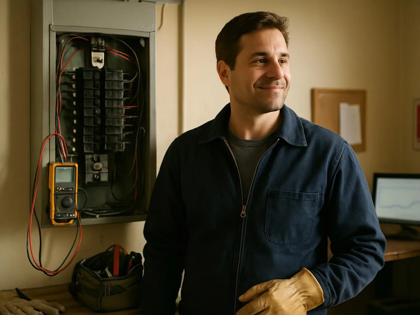 A man in a work jacket stands by an open electrical panel in a small room, holding work gloves