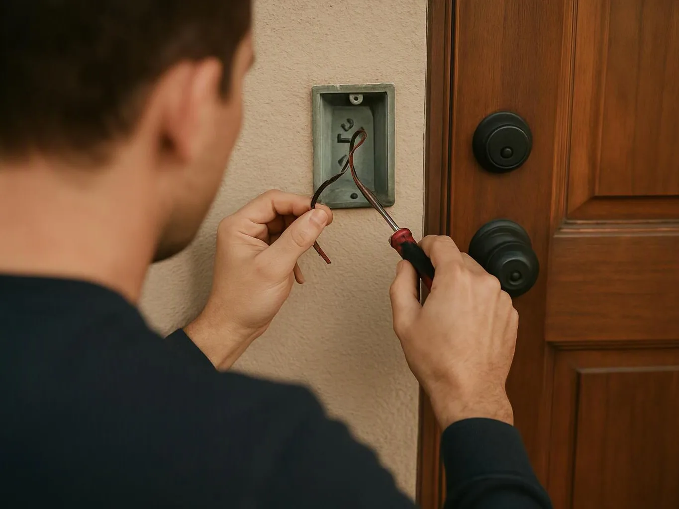A man works on exposed wires in a wall box beside a wooden door with two round locks