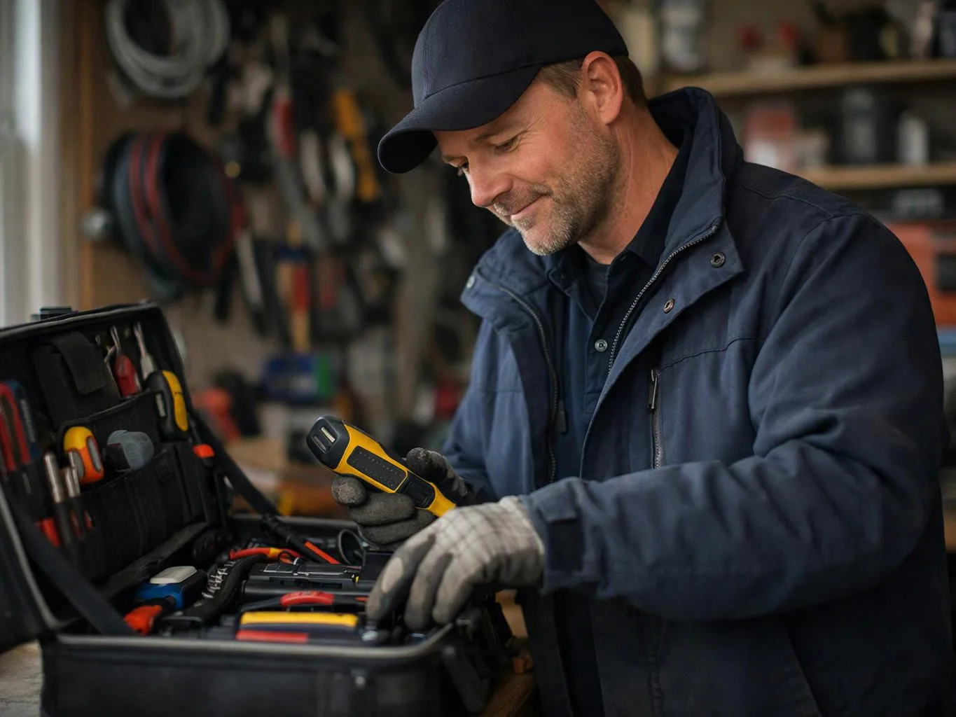 A man in a workshop checks a yellow handheld tool beside an open case of tools