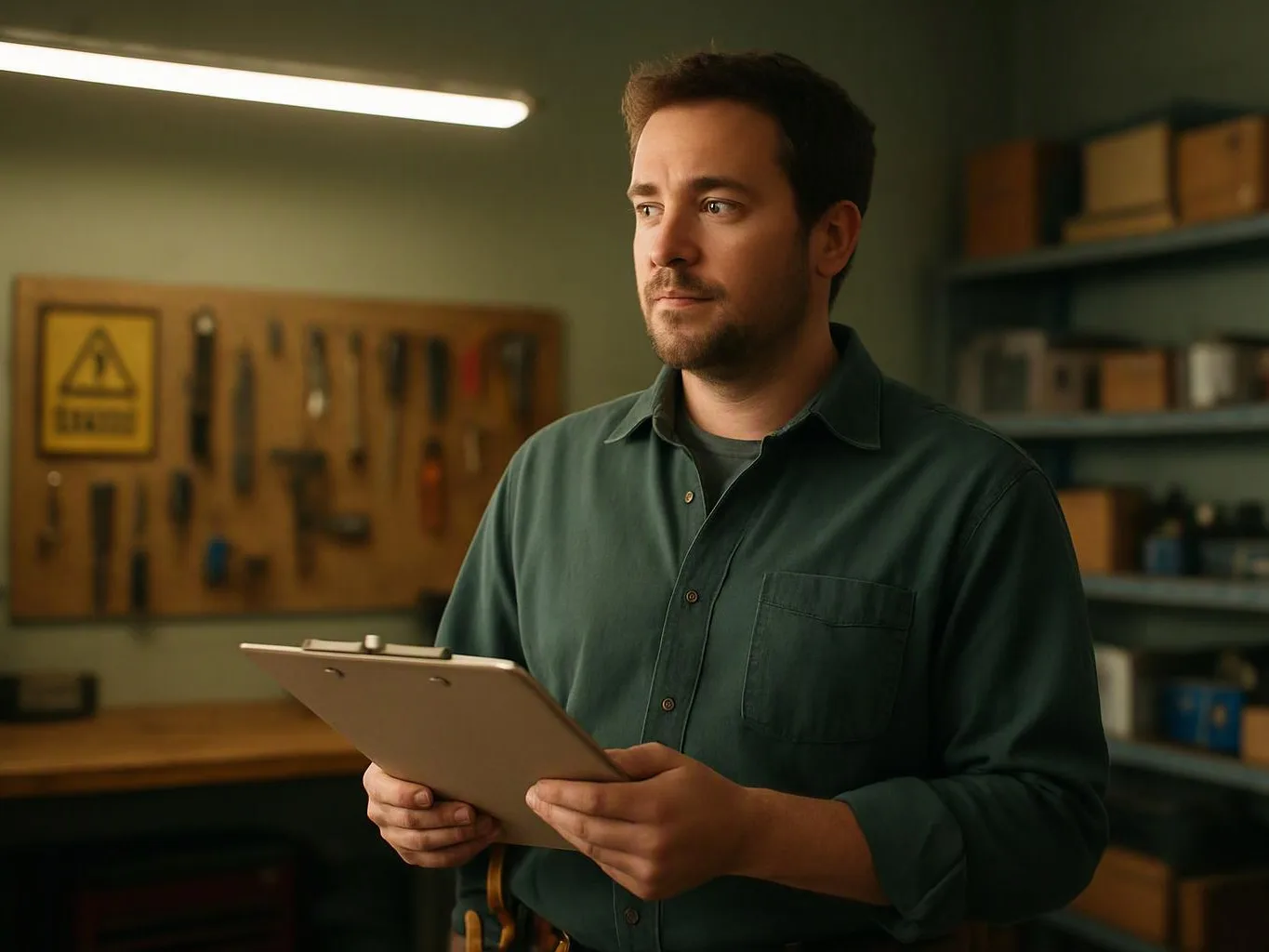 A man in a workshop holds a clipboard, standing near tools, shelves, and a bright overhead light