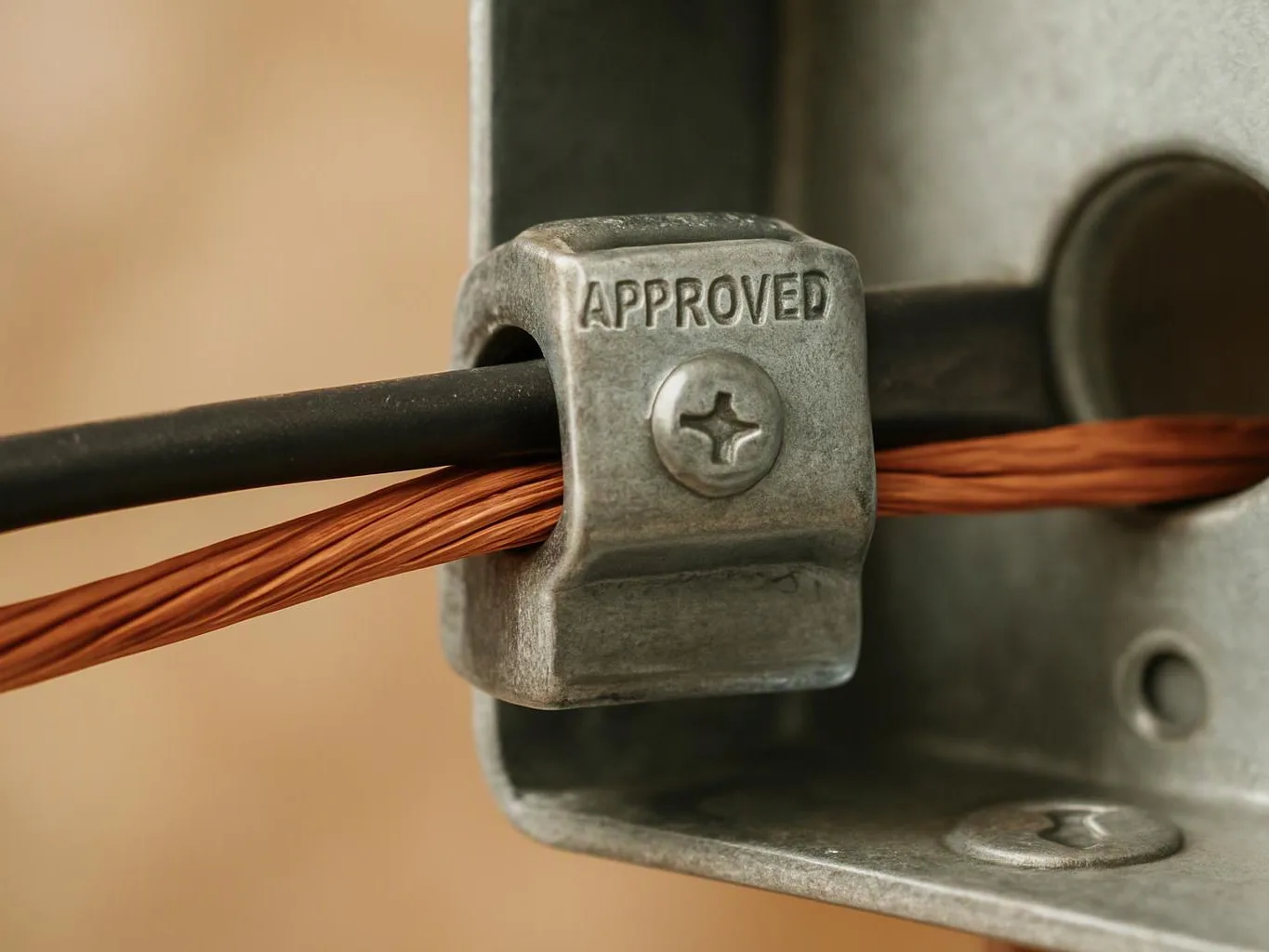 A metal clamp marked “APPROVED” holds a black cable and copper wire against a bracket