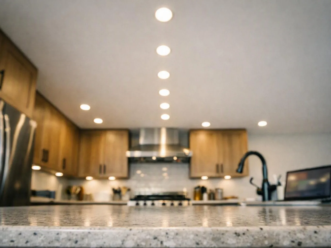 A modern kitchen with wood cabinets, recessed lights, a black faucet, and a stone countertop in the foreground