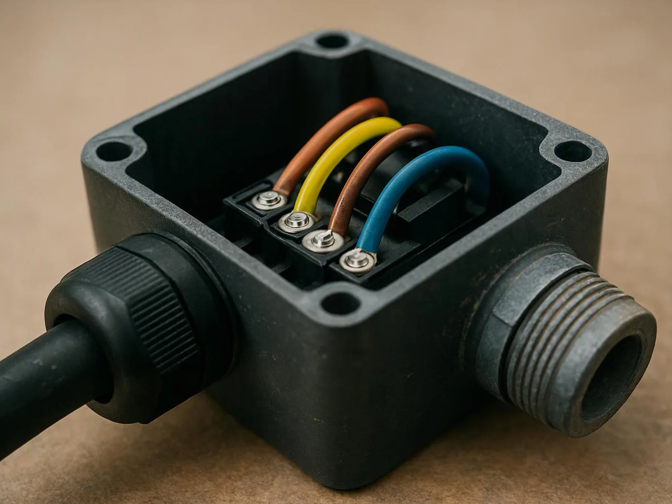 Open black electrical junction box with colored wires and cable fittings on a plain surface
