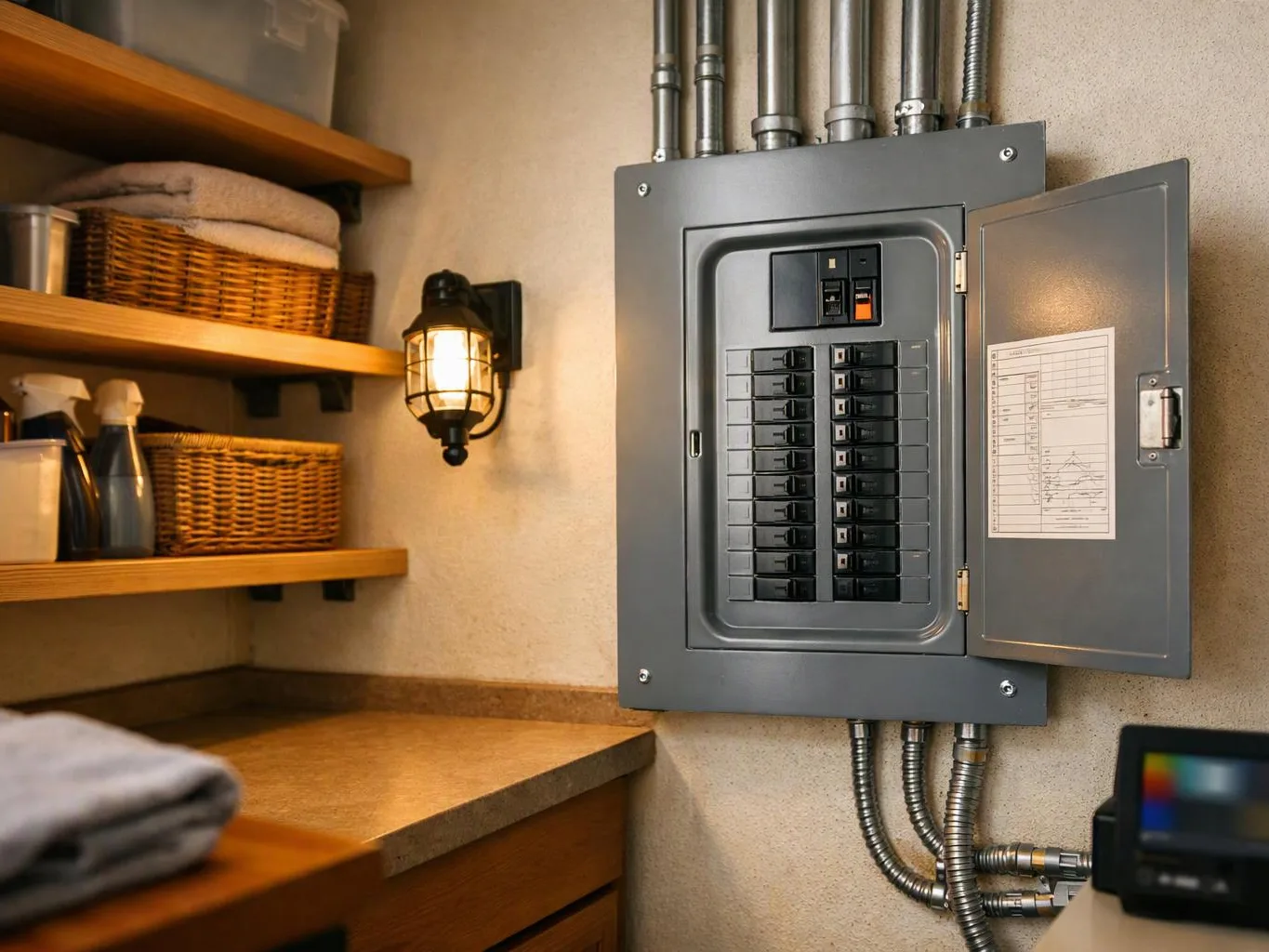 An open electrical breaker panel hangs beside wooden shelves, baskets, and cleaning spray in a small utility room
