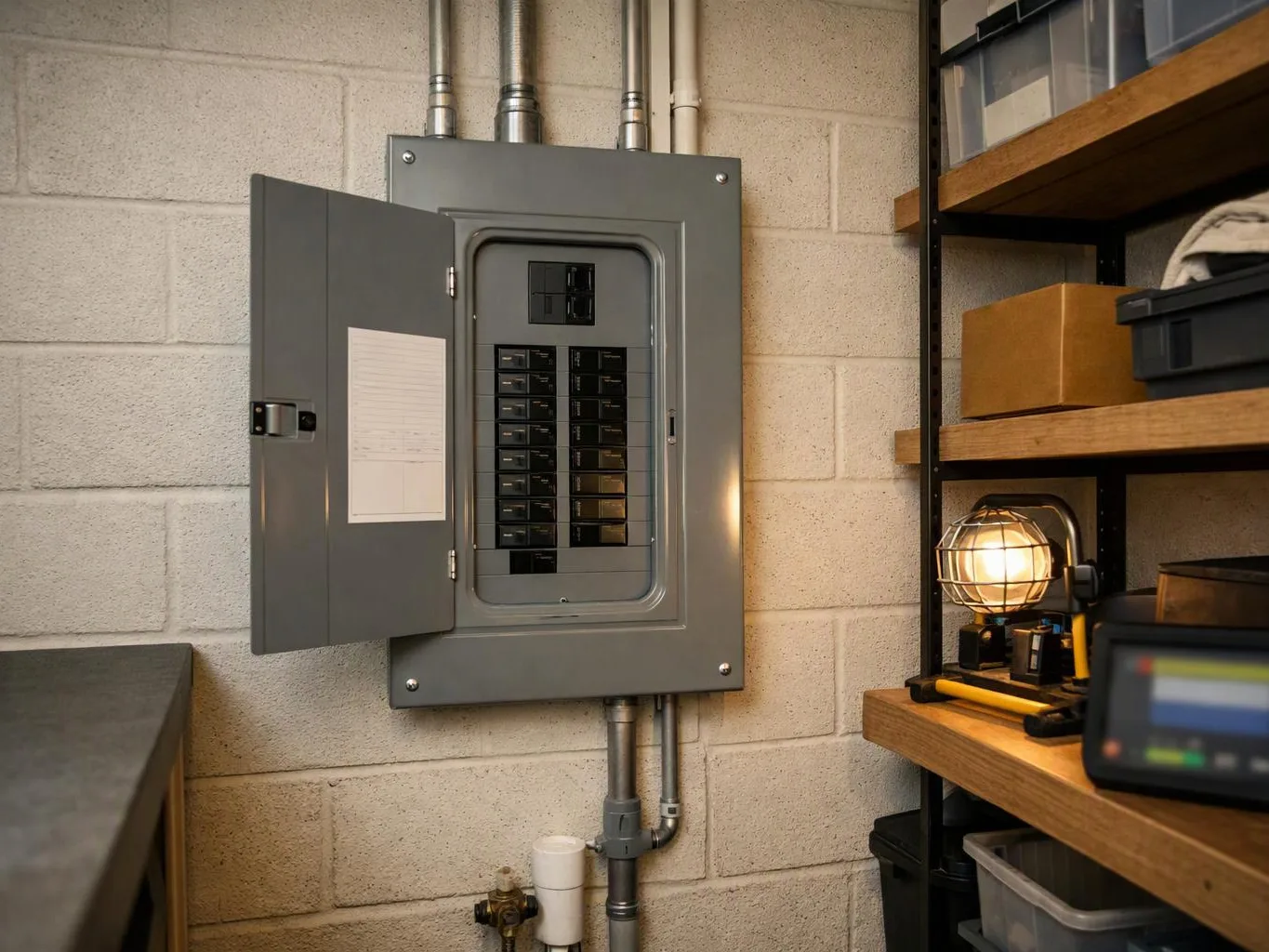 An open electrical breaker panel hangs on a cinderblock wall beside shelves with boxes and a lit work lamp