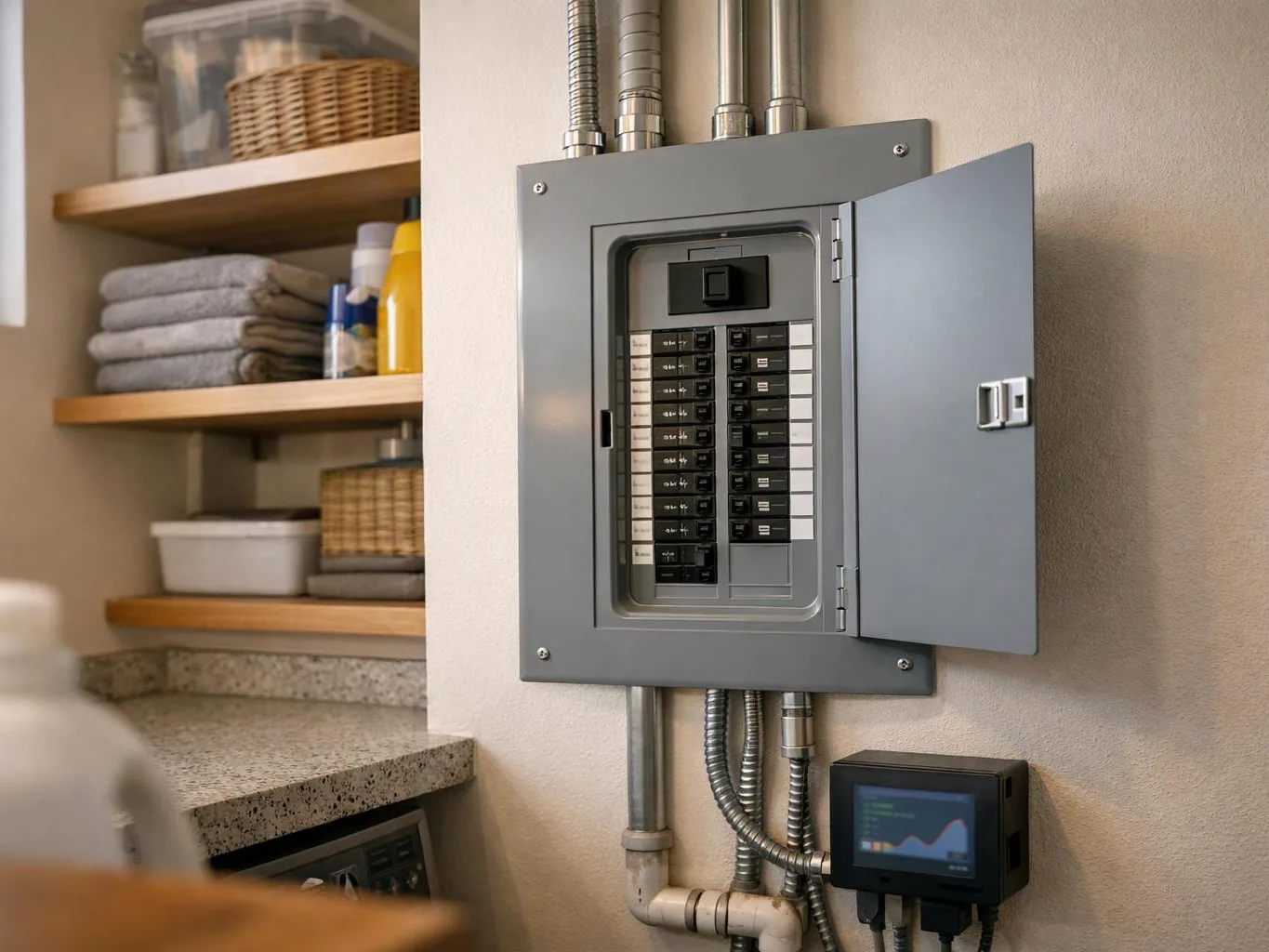 An open electrical breaker panel hangs on a wall beside shelves, pipes, and a small control screen in a utility room