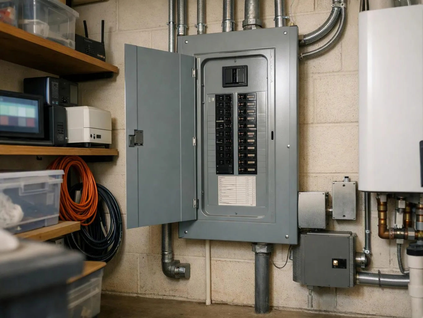 An open electrical breaker panel sits on a cinderblock wall beside shelves of tools and cables