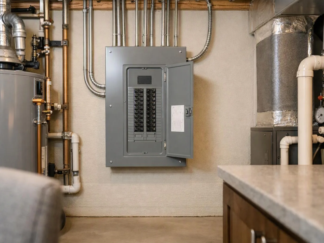 An open gray electrical breaker panel hangs on a utility room wall beside pipes and ductwork