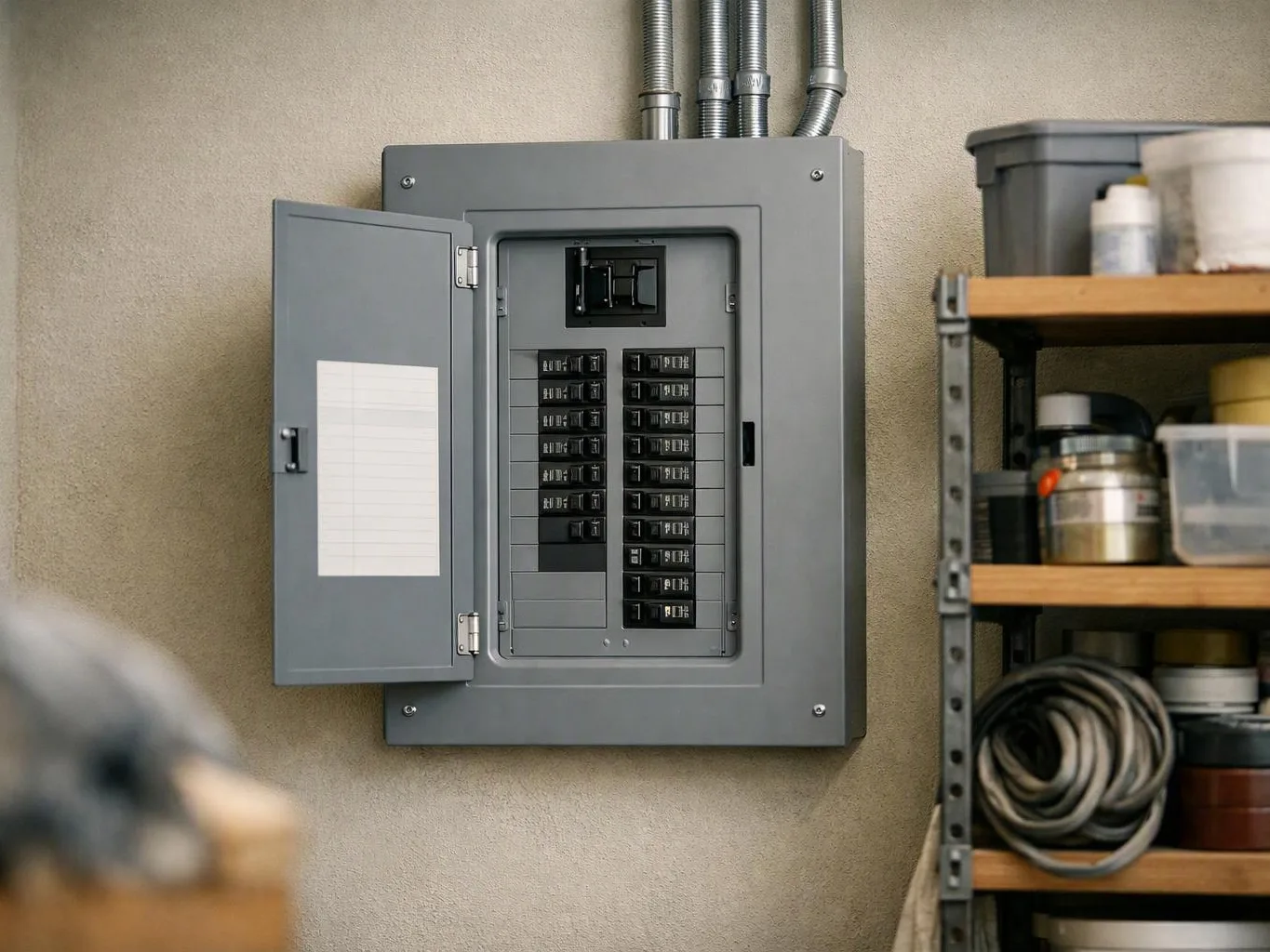 An open gray electrical breaker panel hangs on a wall beside a shelf of stored tools and containers