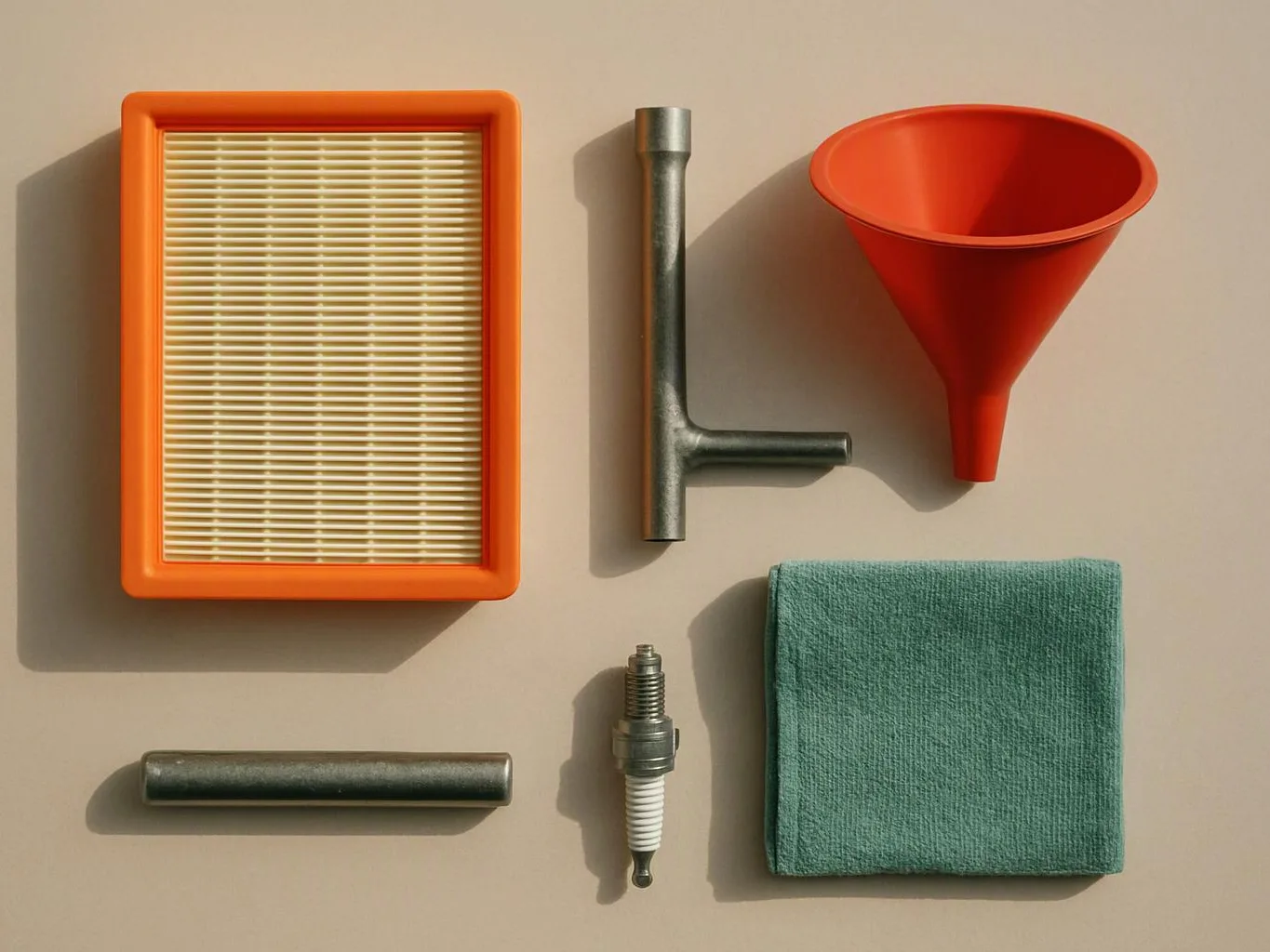 Orange filter, metal parts, a red funnel, a spark plug, and a folded teal cloth lie on a beige surface