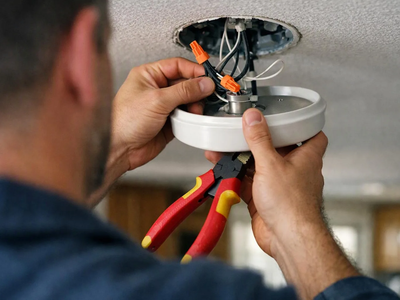 A person installs a ceiling light, holding wires and red-handled pliers under a round fixture plate